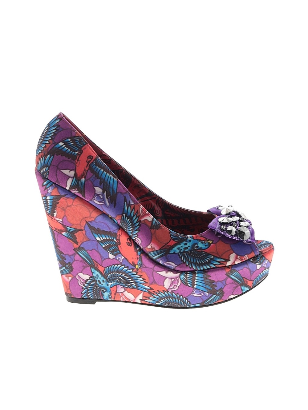 Purple Floral & Bird Print Wedge Pump with Rhinestone Accent